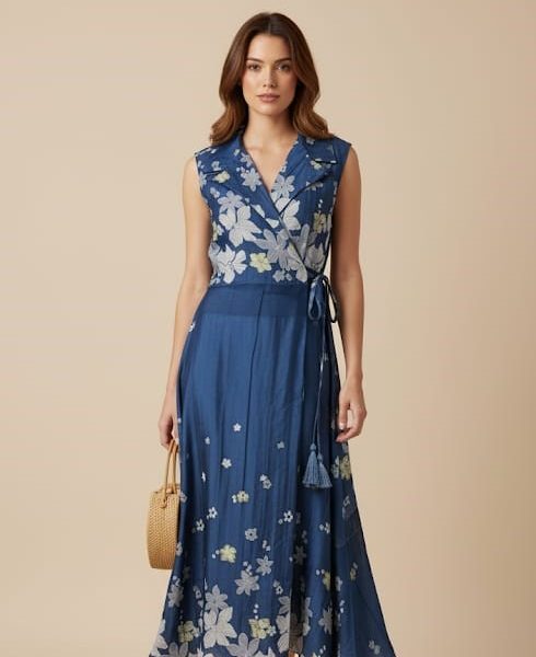 Robe portefeuille à fleurs brodées Bleu