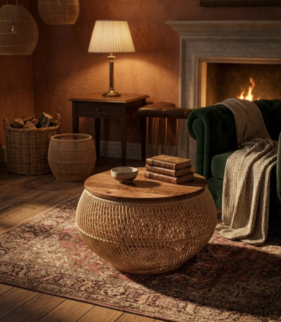 Cozy living room with a round woven coffee table, stack of books, and a small bowl in front of a fireplace and green velvet sofa.
