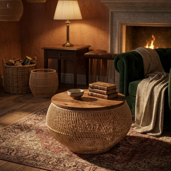 Cozy living room with a round woven coffee table, stack of books, and a small bowl in front of a fireplace and green velvet sofa.