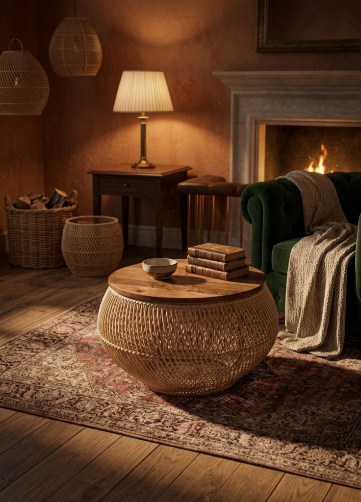 Cozy living room with a round woven coffee table, stack of books, and a small bowl in front of a fireplace and green velvet sofa.