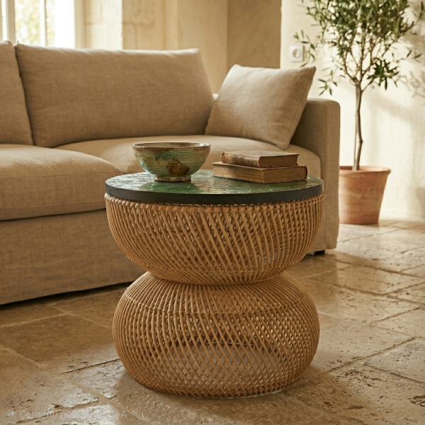 Woven rattan two-tier side table with a green top, a ceramic bowl, and two old books, placed beside a beige sofa in a sunlit living room.